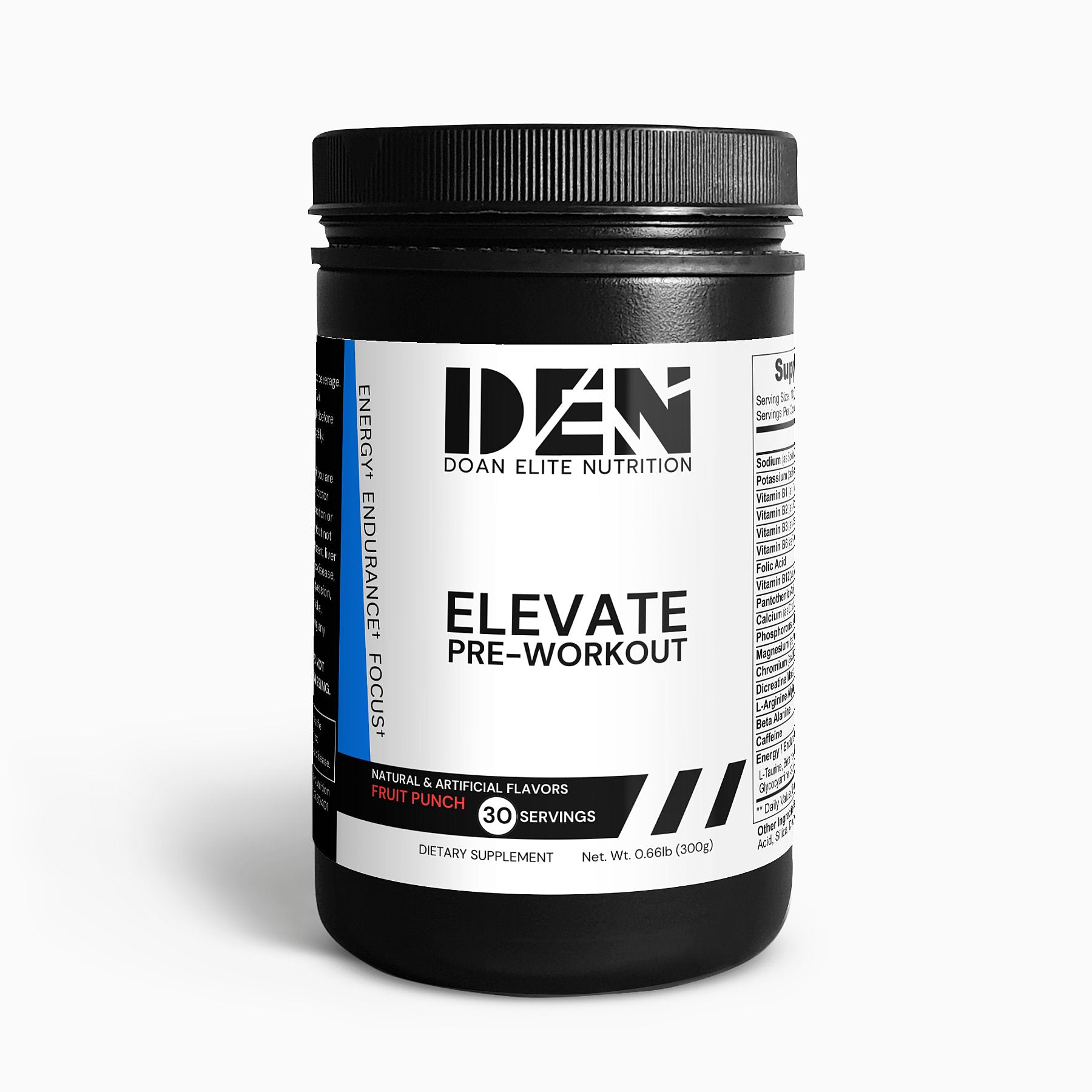 Doan Elite Nutrition Elevate Pre-Workout: Unleash Your Inner Power! Boost energy, strength, and focus with our powerful formula. Say goodbye to fatigue, hello to unparalleled performance. Experience Elevate Pre-Workout and its 23 advanced nutrients, including Dicreatine Malate for lean muscle gains, Arginine AKG for next-level pumps, and Beta-Alanine for ATP production. Stay hydrated and energized with Electrolyte blend and B-Vitamin Complex.